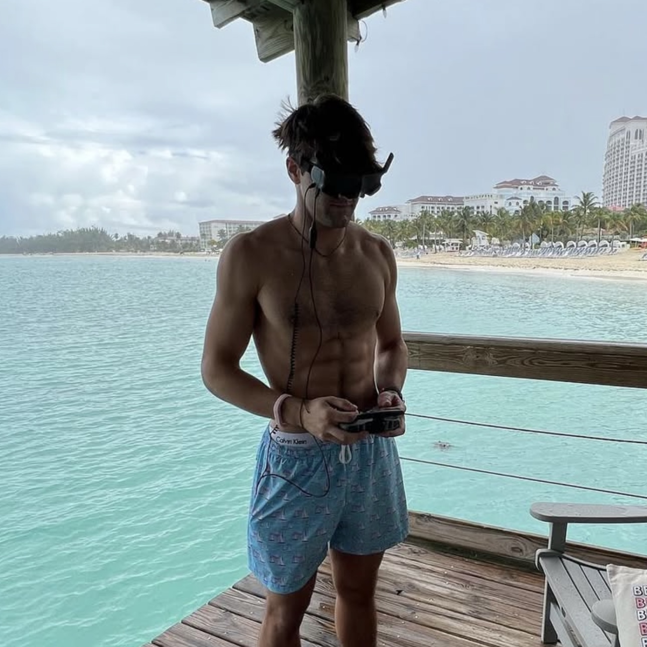 Josh Alexander flying an FPV drone at Baha Mar in the Bahamas
